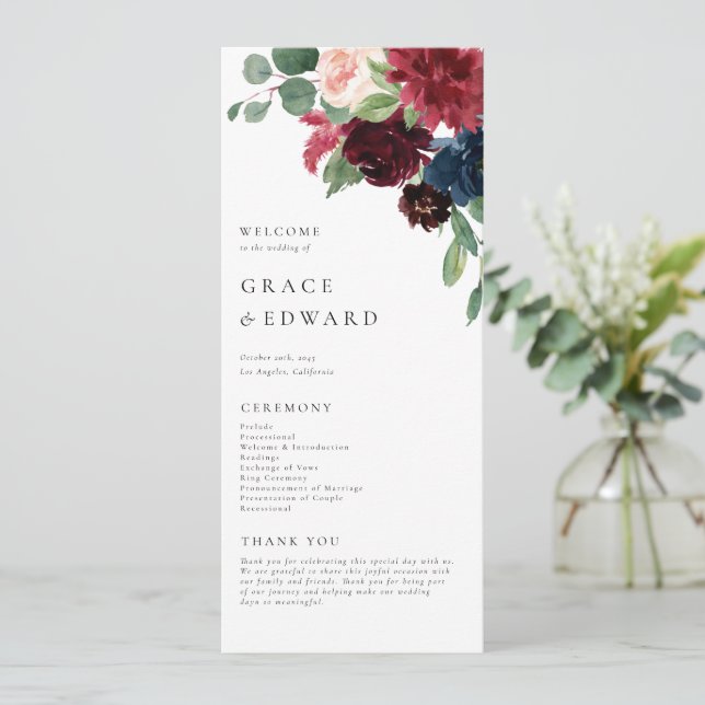 Aquarell-Bordeaux und Navy-Blau Florale Hochzeit Programm (Stehend Vorderseite)