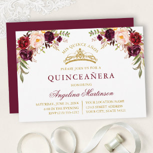 Aquarell-Bordeauxrosa-Blumen-Gold-Quinceanera Einladung