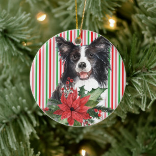 Aquarell Border Collie mit Weihnachtsstern Keramik Ornament