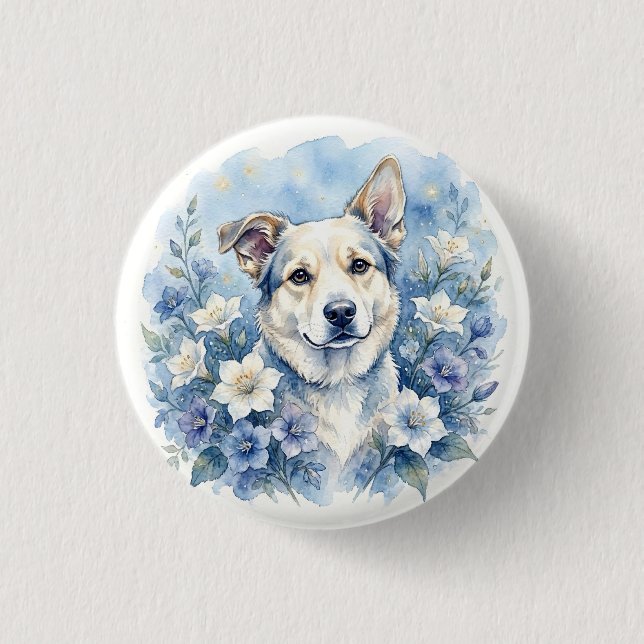 Aquarell-Botanik-Blumen-Hundeporträt Button (Vorderseite)