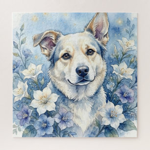 Aquarell-Botanik-Blumen-Hundeporträt Puzzle