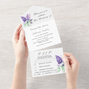Aquarell-Botanik Flieder Lila Florale Hochzeit All In One Einladung