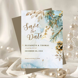 Aquarell-Botanik Winterhochzeit Goldakzente Save The Date