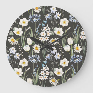 Aquarell botanisch, florales Frühlingsmuster. Große Wanduhr