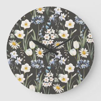 Aquarell botanisch, florales Frühlingsmuster. Große Wanduhr