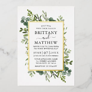 Aquarell Botanische Grünpflanzen Hochzeit Gold Folieneinladung