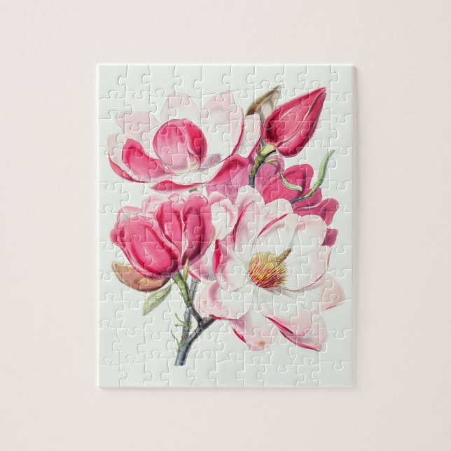 Aquarell Botanische Rosa Magnolienblüten Puzzle (Vertikal)