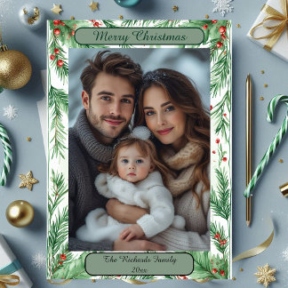 Aquarell Botanische Vintage-Grüne Weihnachtsfoto Feiertagskarte