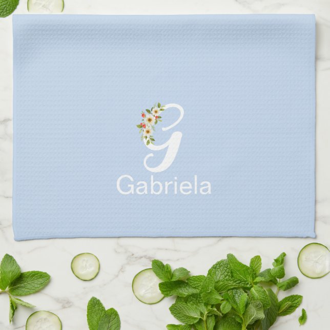 Aquarell botanisches beiges Initial-Monogramm blau Geschirrtuch (Gefaltet)
