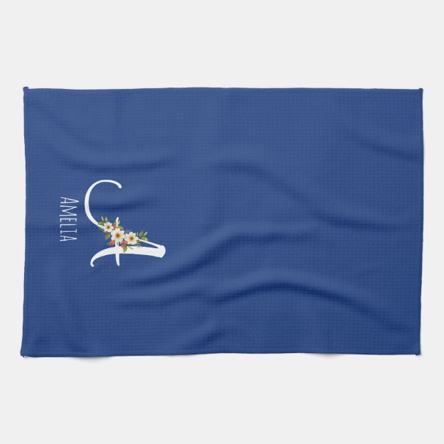 Aquarell botanisches blaues Initialmonogramm Geschirrtuch (Horizontal)