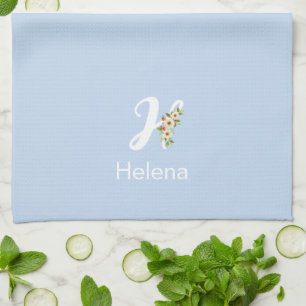 Aquarell botanisches blaues Initialmonogramm Geschirrtuch