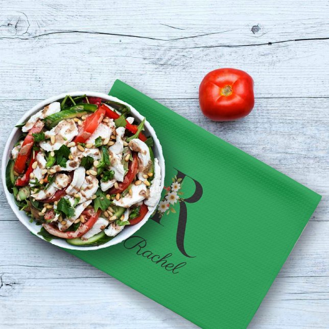 Aquarell botanisches grünes Initialmonogramm Geschirrtuch (Von Creator hochgeladen)