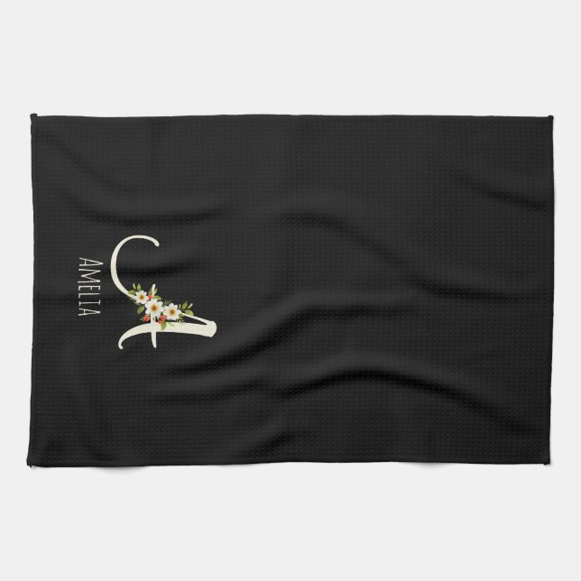 Aquarell botanisches schwarzes Initialenmonogramm Geschirrtuch (Horizontal)