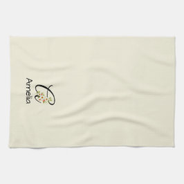 Aquarell botanisches schwarzes Initialmonogramm Geschirrtuch