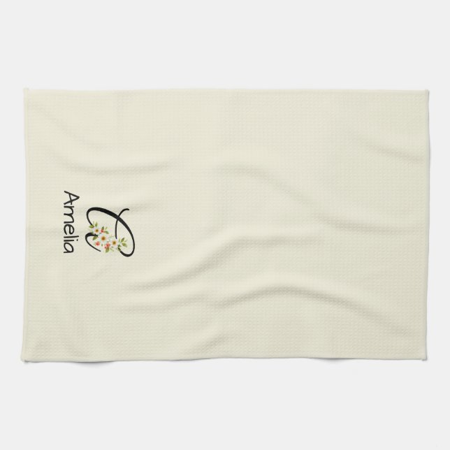 Aquarell botanisches schwarzes Initialmonogramm Geschirrtuch (Horizontal)