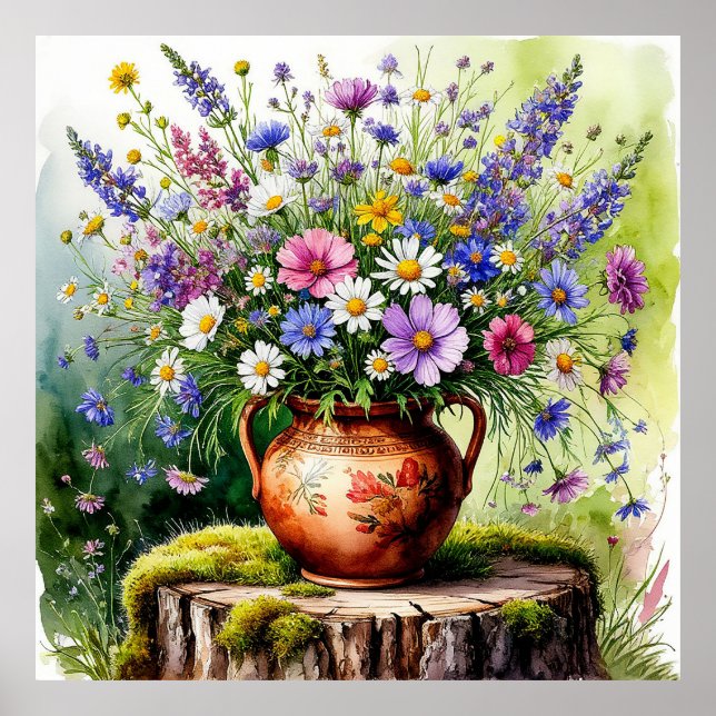 Aquarell Bouquet aus Wildblumen in Vase Poster (Vorne)