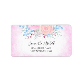 Aquarell Bouquet Pink Roses Blau Blätter Adressaufkleber