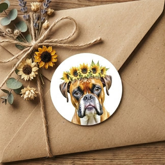 Aquarell-Boxerhund-Blumen-Sonnenblumen-Krone Runder Aufkleber