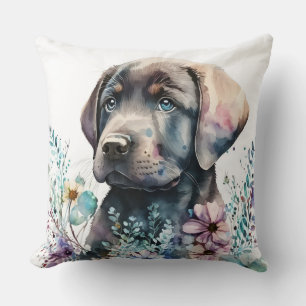 Aquarell-Braun-Labrador Retriever und Blumen Kissen