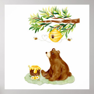 Aquarell Braunbär und Bienenstock Wanddekoration Poster
