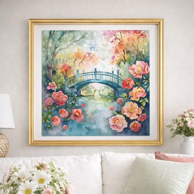 Aquarell-Brücke-Garten-Blumen  Poster (Watercolor bridge and flowers wall art)