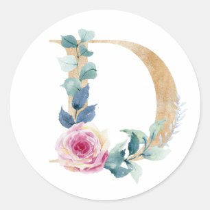 Aquarell Buchstabe D mit Rosen  Runder Aufkleber