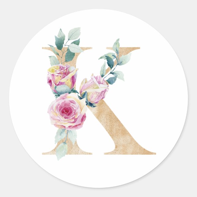 Aquarell Buchstabe K mit Rosen Runder Aufkleber (Vorderseite)