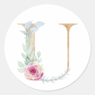 Aquarell Buchstabe U mit Rosen Runder Aufkleber