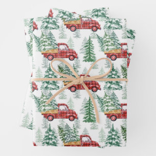 Aquarell Büffel-Karo-Vintage-LKW-Weihnachten Geschenkpapier Set