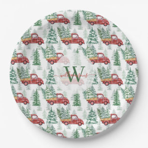Aquarell Büffel-Karo-Vintage-LKW-Weihnachten Pappteller