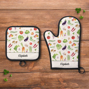 Aquarell Bunte Gemüse Personalisierter Name Ofenhandschuh & Topflappen-Set