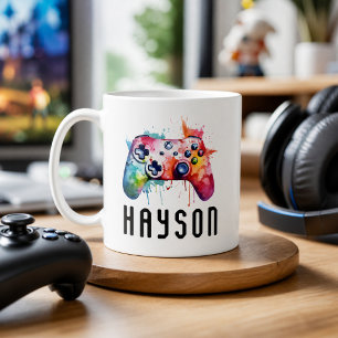 Aquarell Bunter Gamer Controller Kinder Name Kaffeetasse