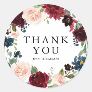 Aquarell-Burgund & Blau Floral Kranz Danke Runder Aufkleber
