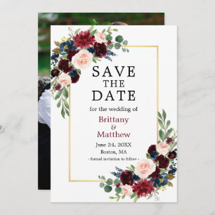 Aquarell Burgund Blue Floral Foto Goldrahmen Save The Date