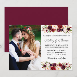 Aquarell-Burgunder-Blumen-Foto-Hochzeit Einladung
