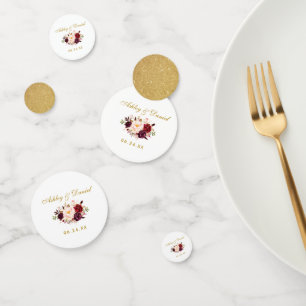 Aquarell-Burgunder-Blumen-Hochzeit-Goldglitter Konfetti