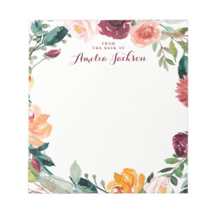 Aquarell-Burgunder-Blumen personalisierte Korrespo Notizblock