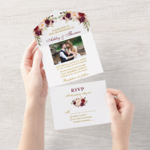 Aquarell-Burgunder-Blumenfoto Goldene Hochzeit All In One Einladung