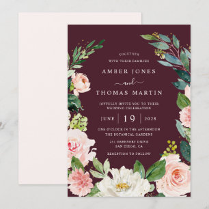 Aquarell-Burgunder-Rosa-Gold-Blumenhochzeit Einladung