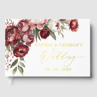 Aquarell-Burgunder-Rosé-Blumenhochzeit Gästebuch