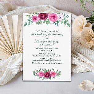 Aquarell-Burgunderrosen 25. Hochzeitstag Einladung