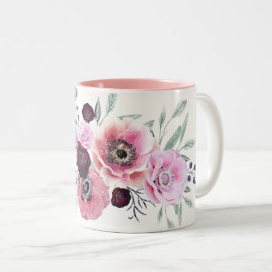 Aquarell burgunderrote rosa Blumen Zweifarbige Tasse