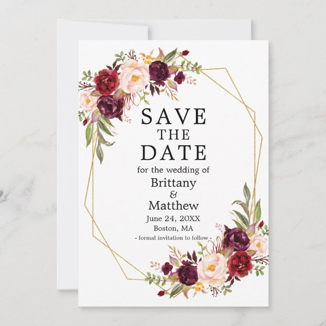 Aquarell Burgundy Floral Gold Geo Frame Save The Date (Vorderseite)