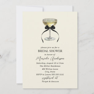 Aquarell Champagner-Coupe schwarze Schleife Braut- Einladung