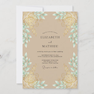 Aquarell Champagner-Mint-Blatt Hochzeit Einladung
