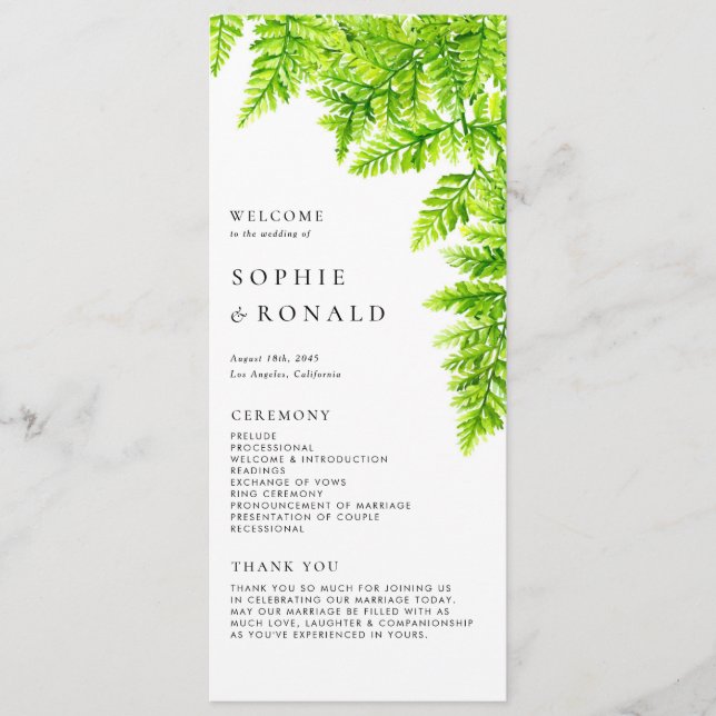 Aquarell Chartreuse Grüne Farnblätter Hochzeit Programm (Vorderseite)