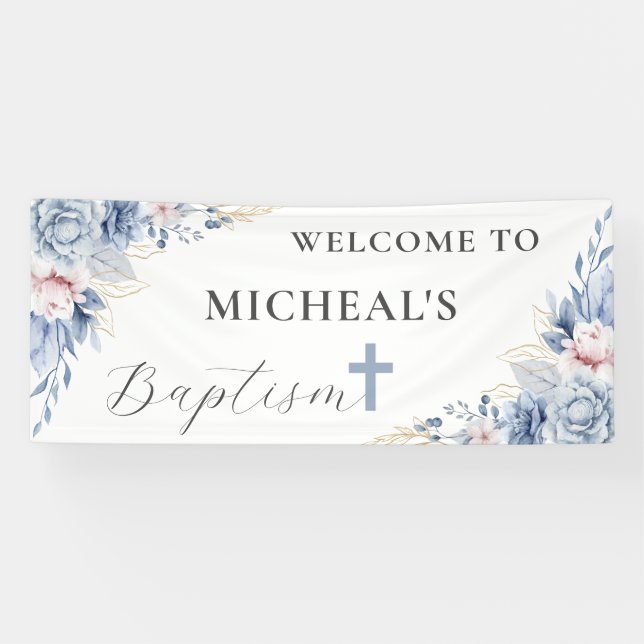 Aquarell Chic Dusty Blue Floral Baby Boy Taufe Banner (Horizontal)