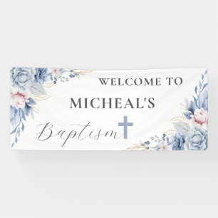 Aquarell Chic Staubblau Florales Baby Jungen Taufe Banner