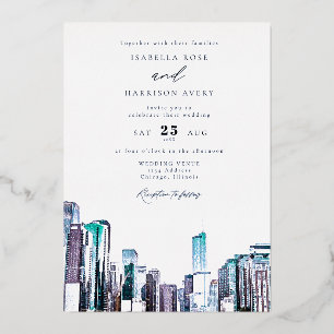 Aquarell Chicago Skyline Hochzeits-Einladung Folieneinladung