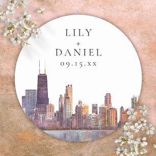 Aquarell Chicago Skyline Zielort Hochzeit Runder Aufkleber